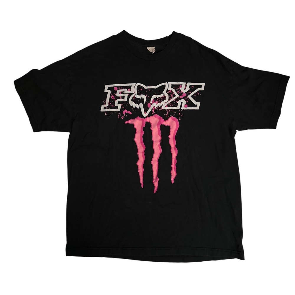 Fox Racing Monster Energy T-Shirt Mens Black Pink Splatter Graphic Motocross Tee
